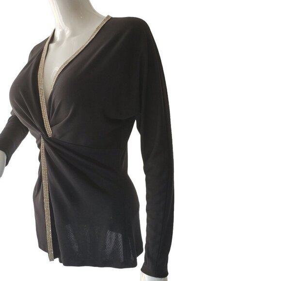 Black Rhinestone Evening Top Knit Twisted Knot Long Sleeve V Neck Womens Small - Picture 1 of 10